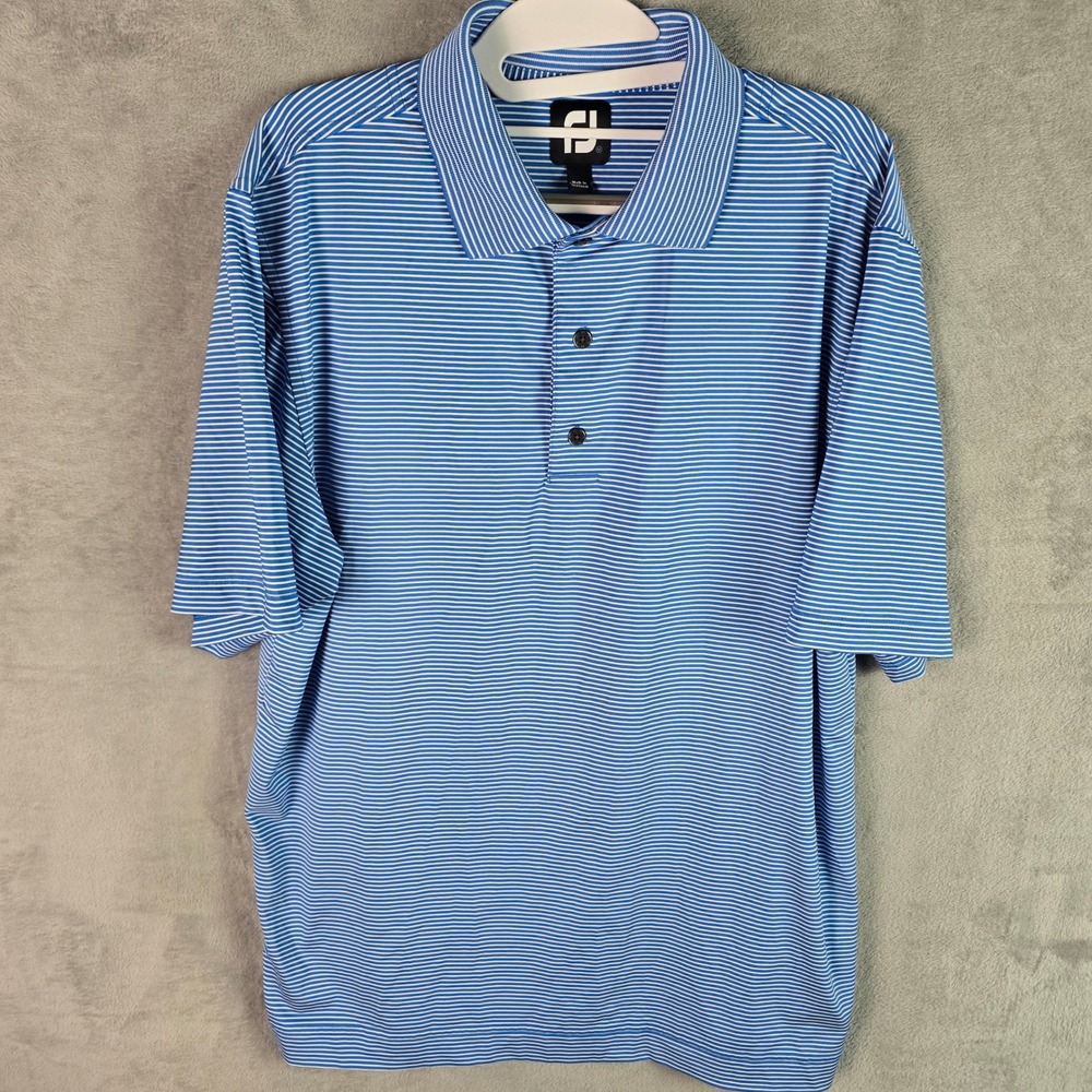 FootJoy Mens Blue White Striped Performance Golf Polo Shirt Size Medium FJ Logo